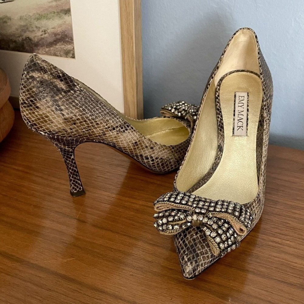 Emy Mack Leather Snake Reptile Print Rhines Bow Pumps Heels